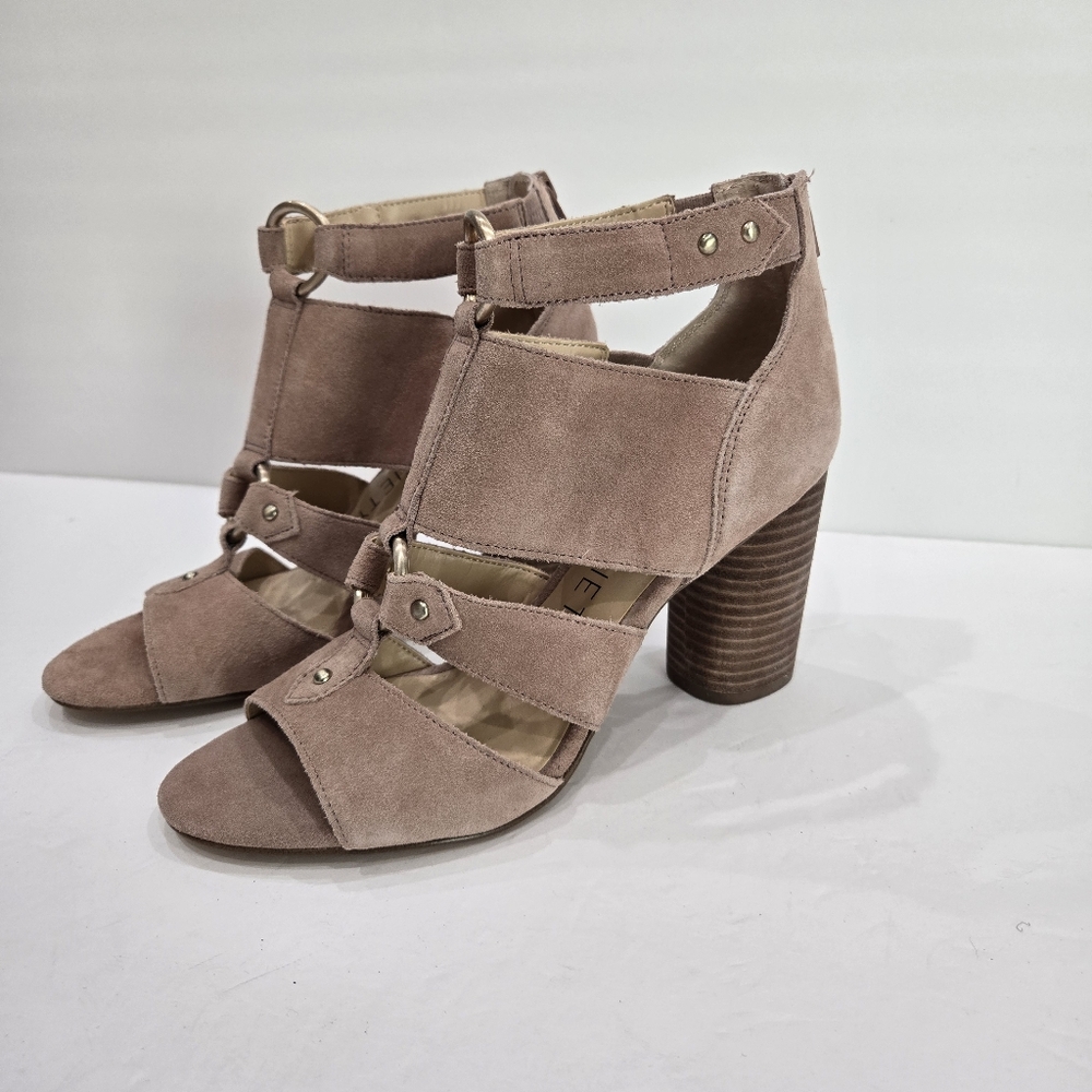 Sole Society Sandals 8M Sadey Ankle Strappy Back Zip Heels Tan Dusty Rose